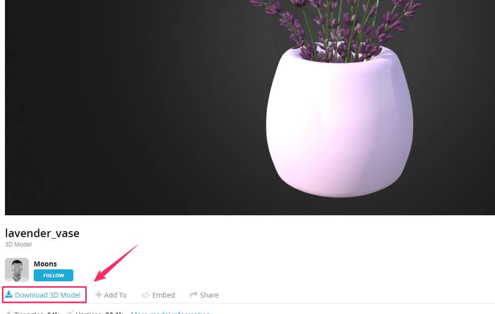 例として使用するラベンダーの花瓶の3Dモデルをダウンロードする画面。