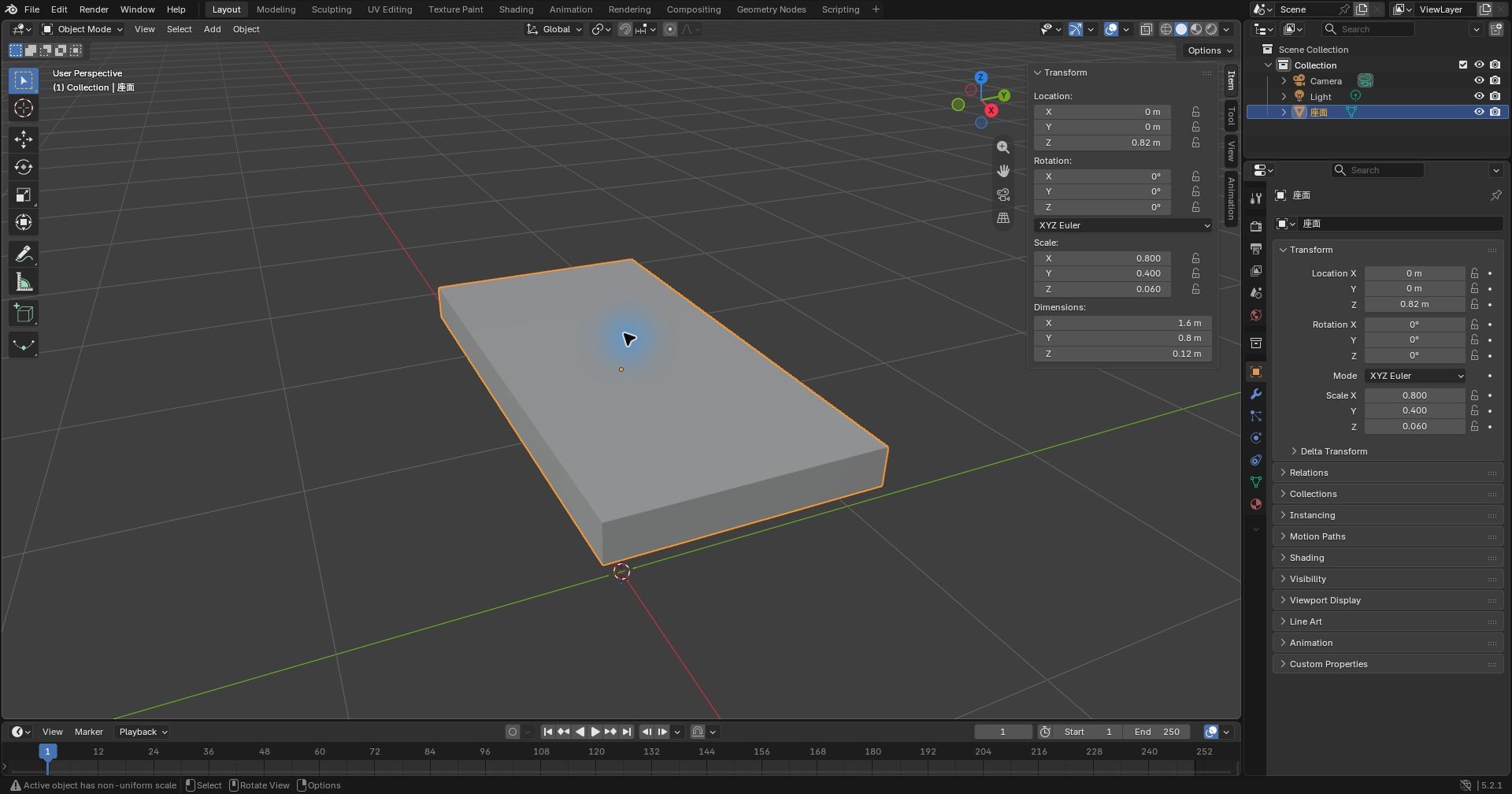 BlenderのNパネルで、座面の寸法が1.6 m・0.8 m・0.12 m、位置のZが0.82 m、スケールが0.8・0.4・0.06と表示された画面