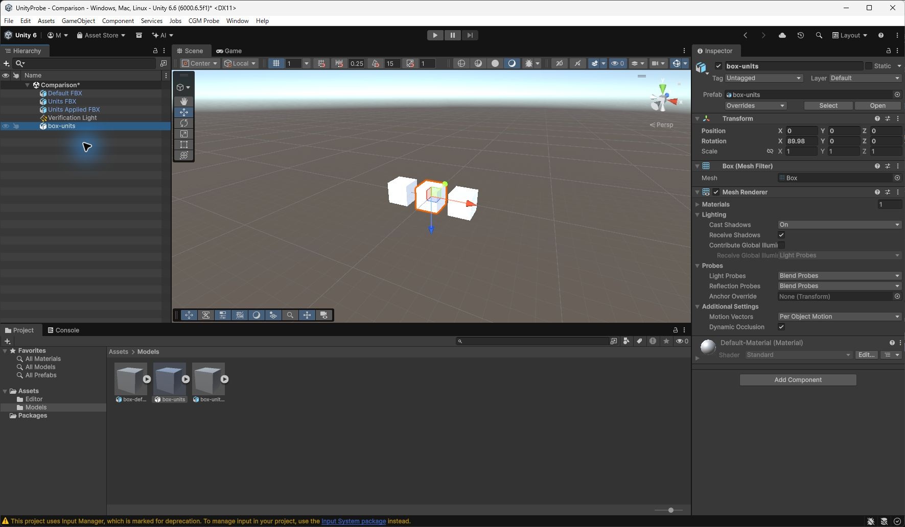 Bake Axis Conversionをオンにして適用したあと新しく置いたbox-unitsのTransformに、X回転89.98とScale 1が表示されたUnityの画面