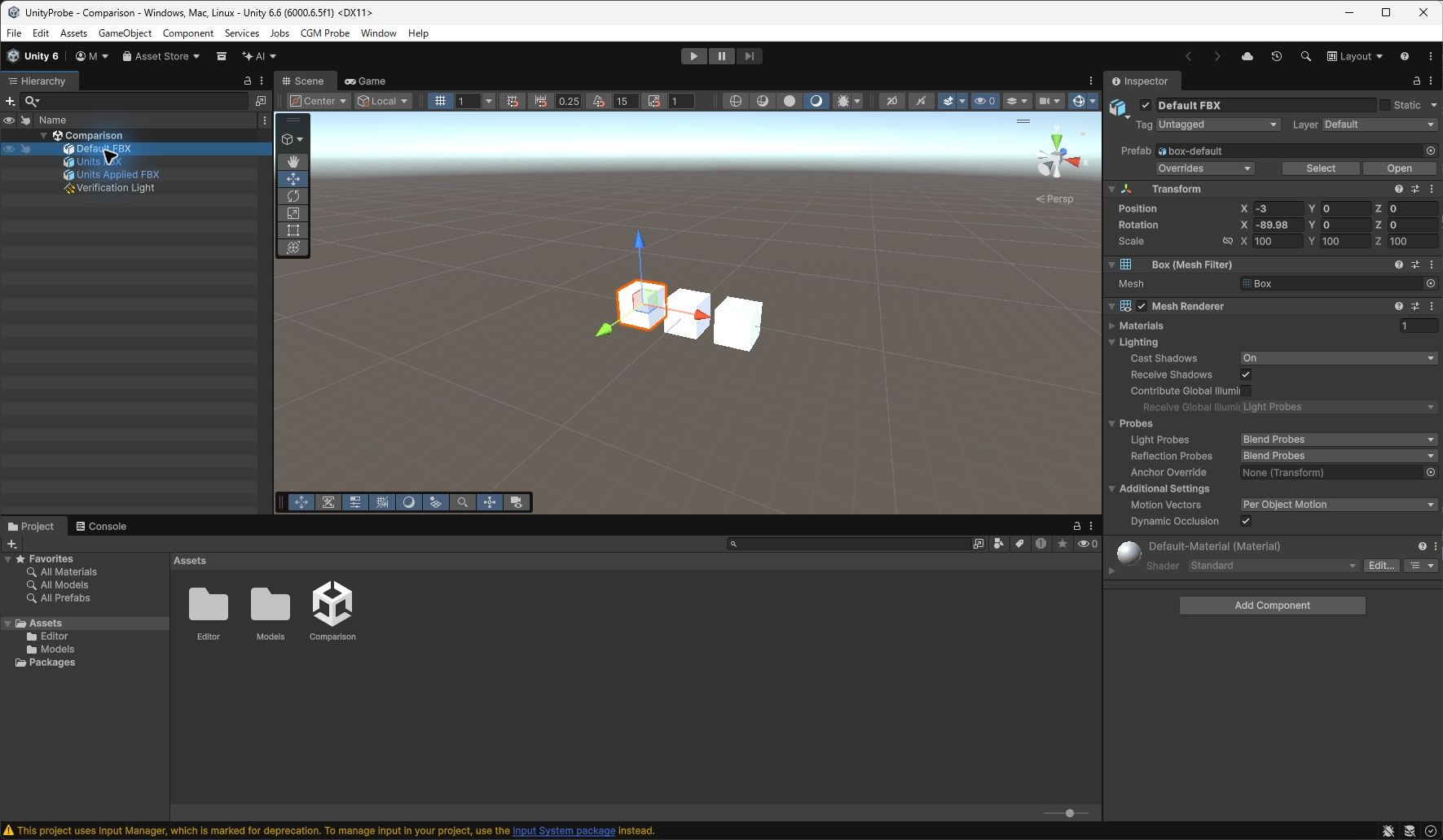 Unityのシーンに3つの立方体を並べ、box-defaultのTransformにScale 100とX回転-89.98が表示された画面