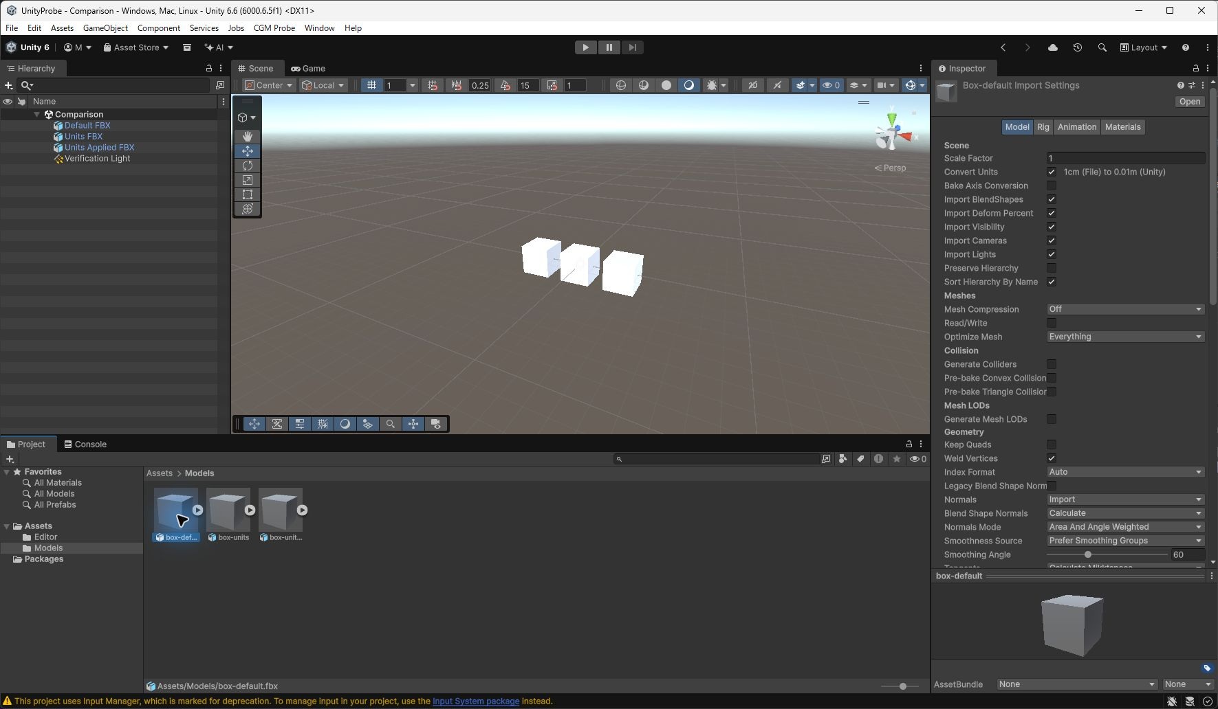 UnityのModelタブで、初期設定で書き出したbox-defaultのScale Factorが1、Convert Unitsが1cm (File) to 0.01m (Unity)、Bake Axis Conversionがオフと表示された画面