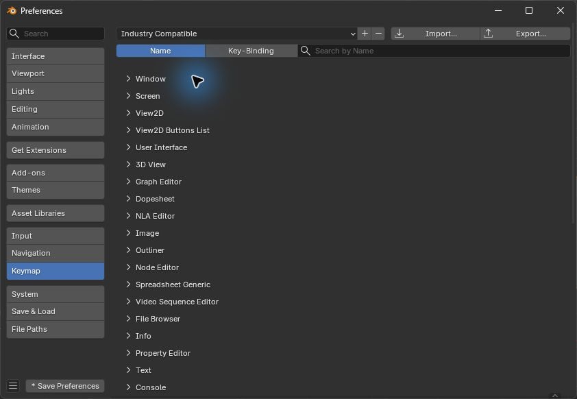 PreferencesのKeymapのリストにIndustry Compatibleと表示されたBlenderの画面