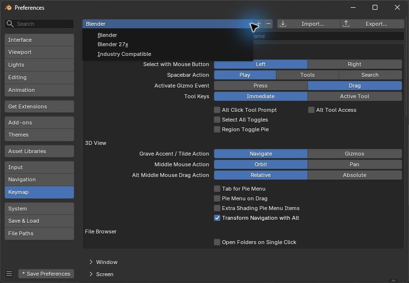 BlenderのPreferencesのKeymapでリストを開き、Blender、Blender 27x、Industry Compatibleの3つが並んだ画面