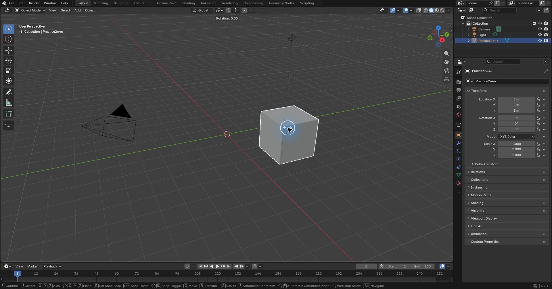 標準のキーマップでRを押し、回転の操作中を示すRotation 0.00が上に表示されたBlenderの画面