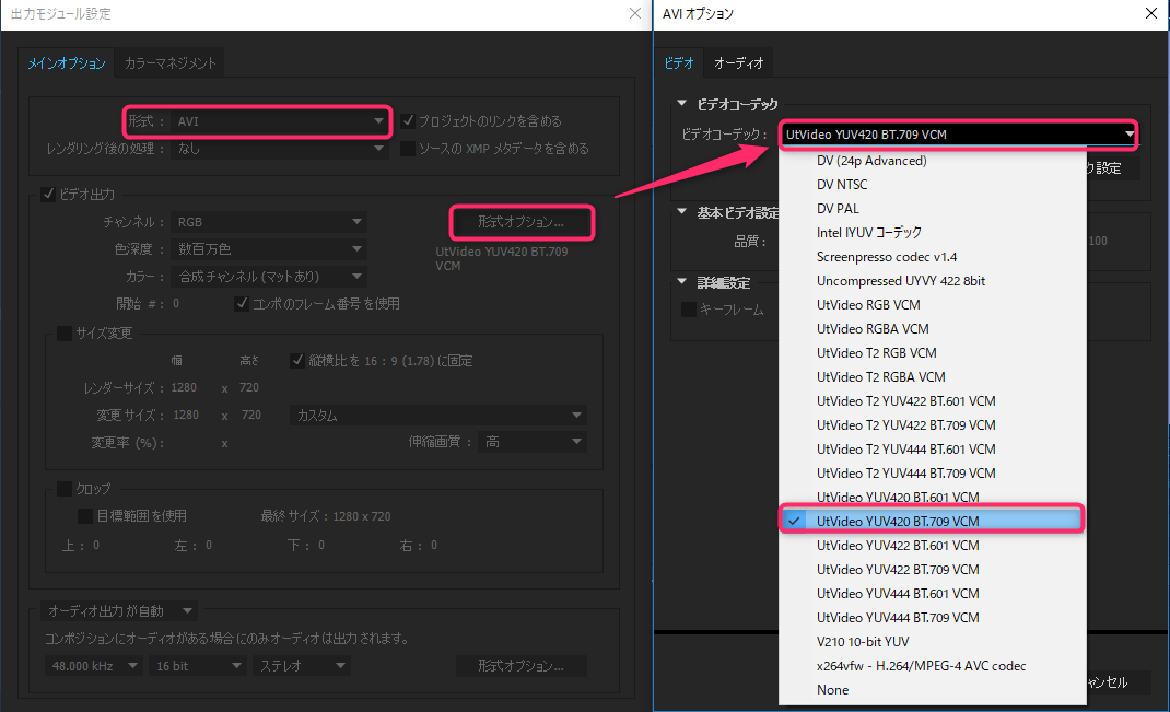 UtVideoの設定画面