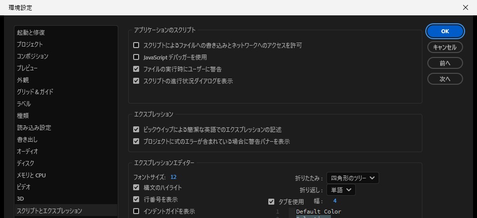 After Effectsの環境設定のスクリプトとエクスプレッション。ファイルへの書き込みとネットワークへのアクセスを許可はオフ