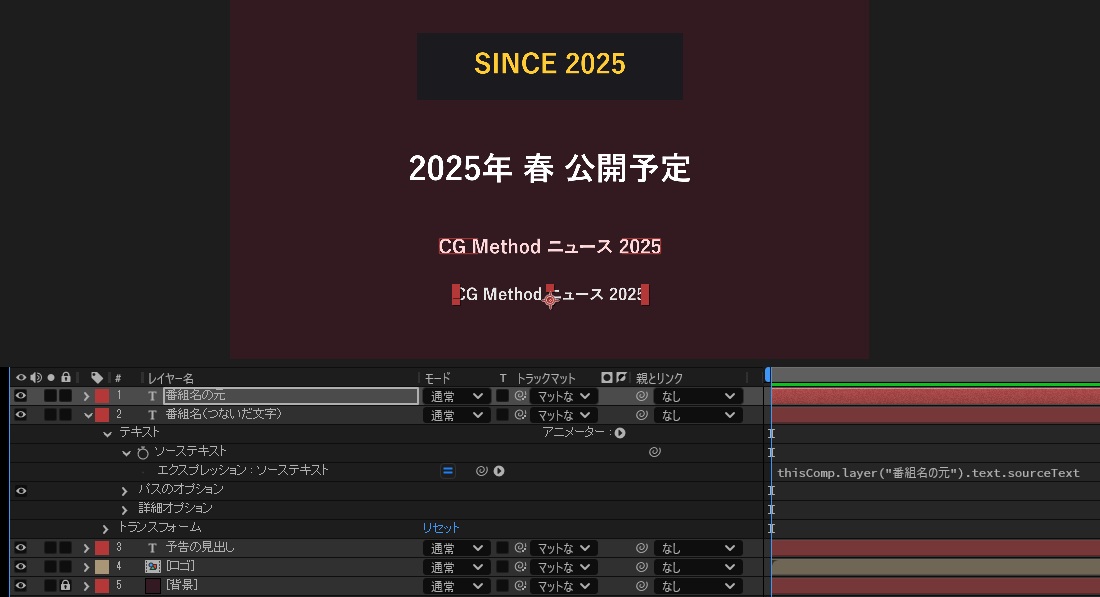 タイムラインで「番組名（つないだ文字）」レイヤーのソーステキストを開いたところ。エクスプレッション欄に thisComp.layer("番組名の元").text.sourceText と入っていて、コンポジションには同じ「CG Method ニュース 2025」が2行表示されている