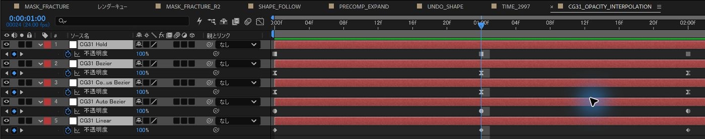 After Effects 2026の練習用不透明度キー。停止、ベジェ、連続ベジェ、自動ベジェ、リニアを同じ時間に並べたタイムライン。