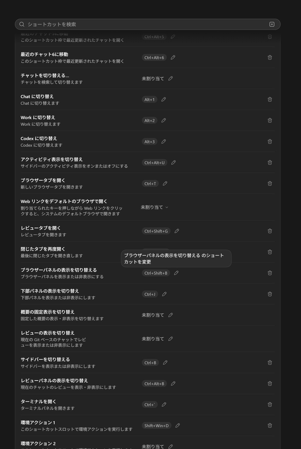 サイドバーや下部パネルの表示を切り替える操作のショートカット一覧。