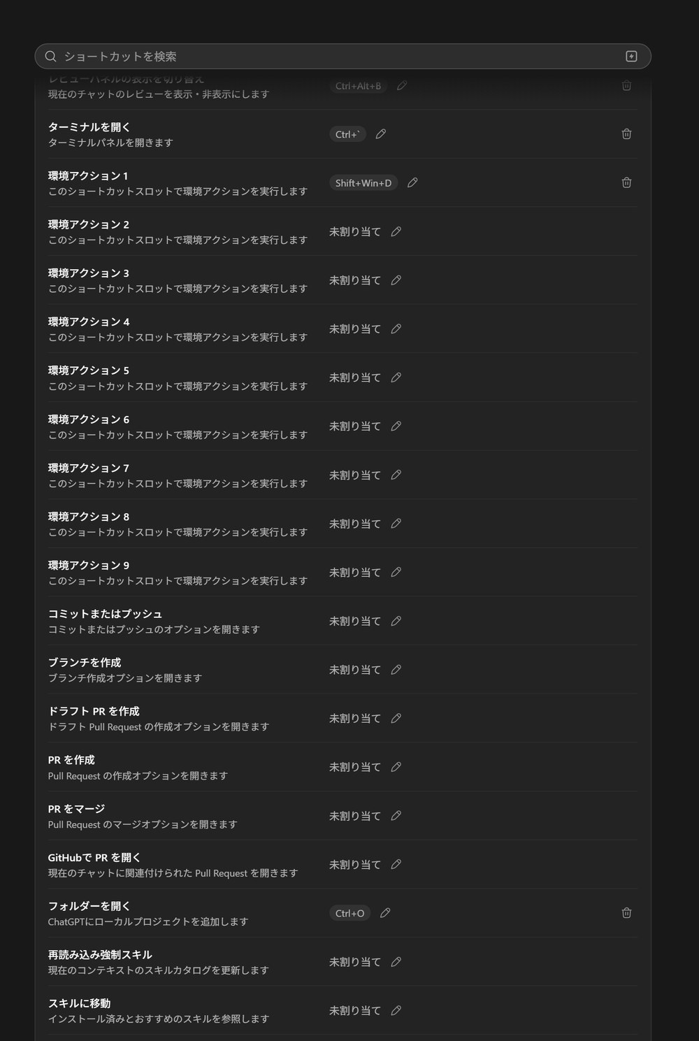 コミットやプッシュなどに対応する環境アクションとGit操作のショートカット一覧。