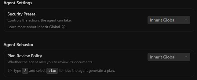 Antigravityのプロジェクトに表示されたSecurity PresetとPlan Review Policyの既存設定