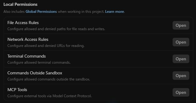 AntigravityプロジェクトのLocal Permissionsに表示された許可設定の項目一覧