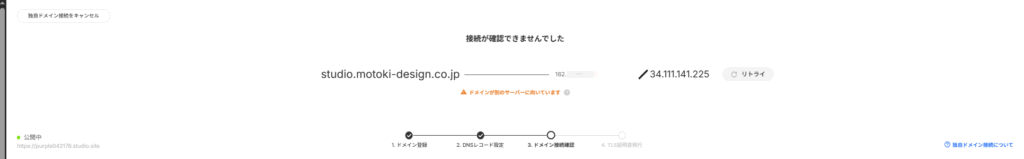 DNSレコード未設定時に次へ進んだ際の認証失敗や接続確認の表示画面。