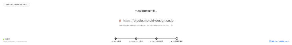 接続確認後に表示されるTLS証明書の発行中メッセージ。