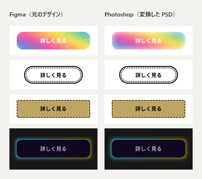 ボタン素材4種類の比較。左がFigma、右がPhotoshopで開いた変換後のPSD。グラデーション、点線の角丸の枠、破線の枠、光彩のあるボタン。