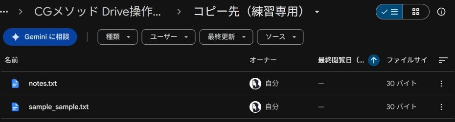 コピー先の練習フォルダーにnotes.txtとsample_sample.txtの2ファイルがある