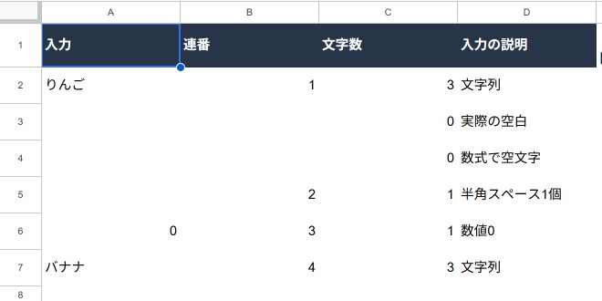 空白と空文字は番号を付けず、半角スペースと数値0には番号を付けるGoogle Sheetsの練習表