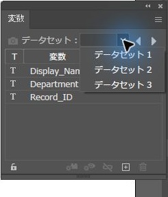 Illustratorの変数パネルでデータセット欄を開き、データセット1から3と、Display_Name、Department、Record_IDの3つの変数が並んだ画面