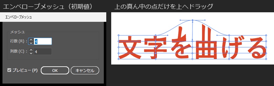 左はエンベロープメッシュの画面で、行数4・列数4が初期値。右は、メッシュで作成した「文字を曲げる」の格子のうち、上の辺の真ん中の点だけをダイレクト選択ツールで上へドラッグしたところで、中央の文字だけが上に引き伸ばされている