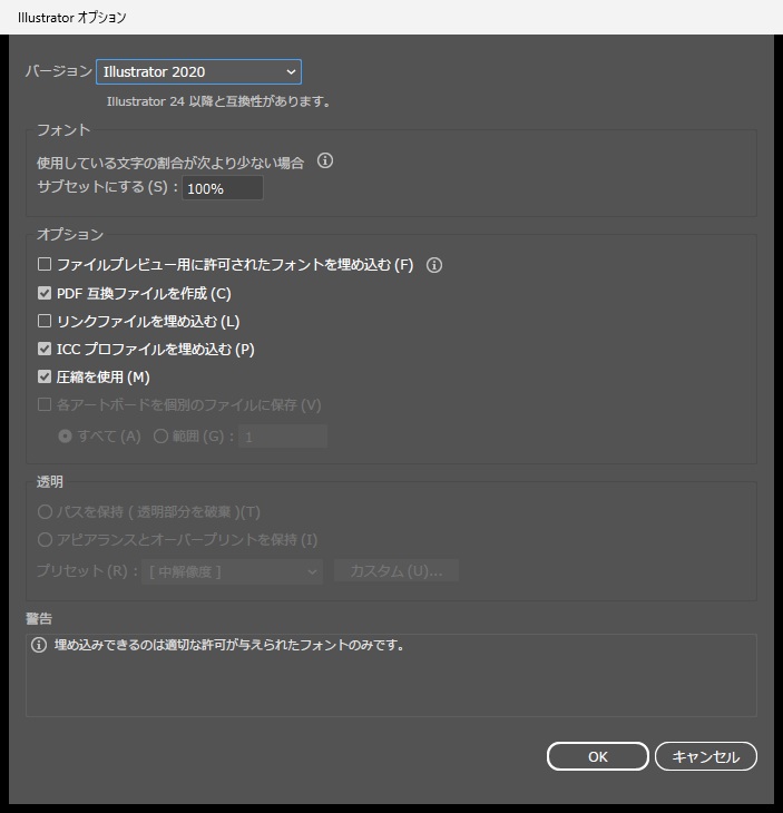 「Illustrator オプション」の画面。バージョンはIllustrator 2020、フォントのサブセットにするは100%。オプションは、ファイルプレビュー用に許可されたフォントを埋め込むがオフ、PDF 互換ファイルを作成がオン、リンクファイルを埋め込むがオフ、ICC プロファイルを埋め込むがオン、圧縮を使用がオン