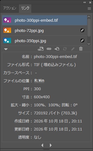 埋め込んだphoto-300ppi-embed.tifのリンク情報。一覧の右にリンクの印はない。ファイル形式はTIF（埋め込みファイル）、カラースペースは「-」、PPIは300、寸法は600x400、拡大・縮小は100%、100%、回転0°