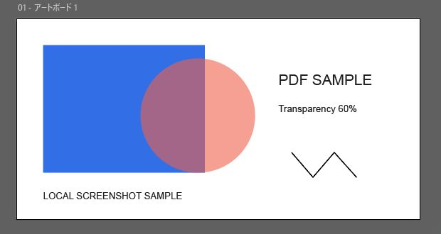 Illustratorで表示した矩形と半透明の円とテキストのサンプル
