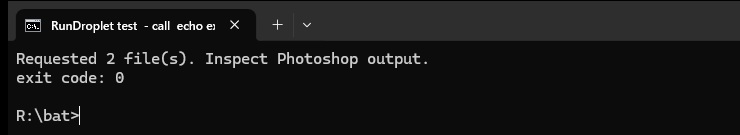 直したRunDroplet.batに2つのPSDを渡した結果。Requested 2 file(s)と表示され、終了コードは0