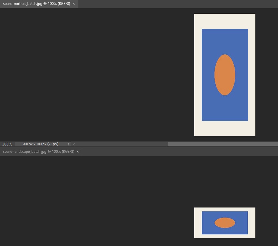 バッチで保存された縦長200×400 pixelと横長200×100 pixelの2つのJPEGを開いた画面