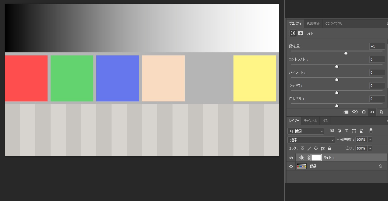 Photoshopでライト調整レイヤーの露光量を+1にし、練習画像全体が明るくなった画面