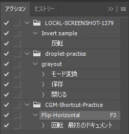 アクションパネルで、Flip-Horizontalの右にF3と表示されている画面