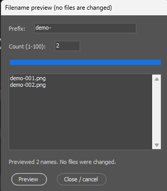 PhotoshopのFilename previewダイアログで、Prefixをdemo-、Countを2にしてdemo-001.pngとdemo-002.pngが表示された画面