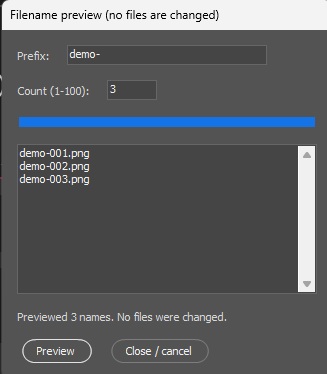 PhotoshopのFilename previewダイアログで、Count欄でEnterを押してdemo-001.pngからdemo-003.pngの3行が表示された画面