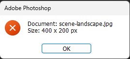 Photoshopの窓に「Document: scene-landscape.jpg」と「Size: 400 x 200 px」が表示された画面