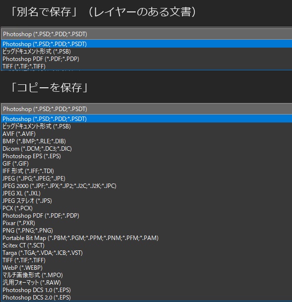 「ファイルの種類」の一覧の比較。上の「別名で保存」はPhotoshop、ビッグドキュメント形式（PSB）、Photoshop PDF、TIFFの4つだけ。下の「コピーを保存」にはAVIF、BMP、GIF、JPEG、JPEG XL、PNG、TIFF、WebPなど多くの形式が並んでいる