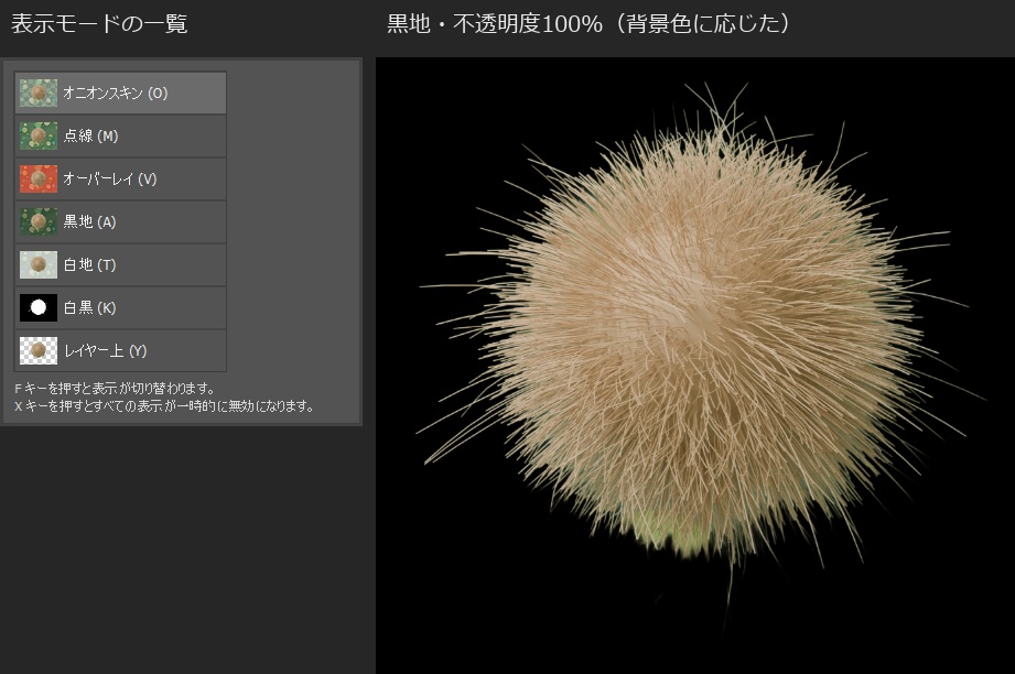 表示モードの一覧。オニオンスキン（O）、点線（M）、オーバーレイ（V）、黒地（A）、白地（T）、白黒（K）、レイヤー上（Y）が並び、下に「Fキーを押すと表示が切り替わります」「Xキーを押すとすべての表示が一時的に無効になります」とある。右は黒地で不透明度を100%にした表示で、毛玉の下の縁に背景の緑が残っているのが分かる