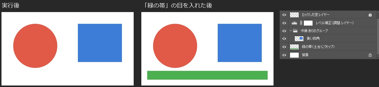実行後のカンバスには緑の帯が無く、非表示で残った緑の帯の目を入れると帯が現れたカンバスとレイヤーパネル