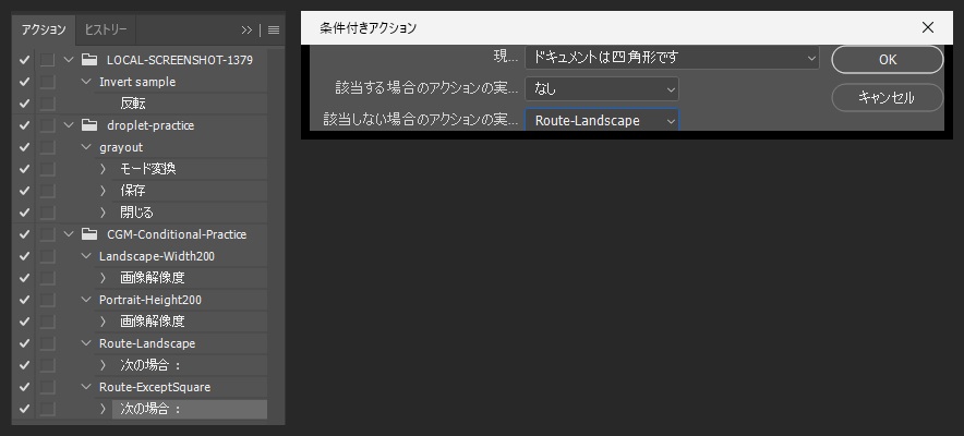 アクションパネルに4つのアクションが並び、条件付きアクションの窓でドキュメントは四角形です・該当する場合なし・該当しない場合Route-Landscapeを選んだ画面