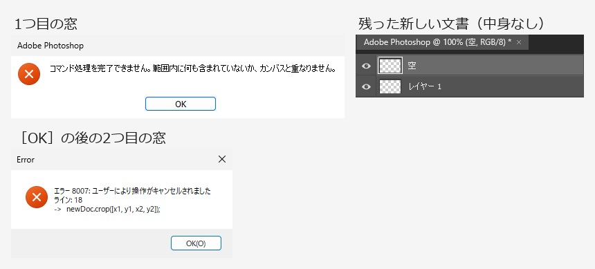 コマンド処理を完了できません、範囲内に何も含まれていないかカンバスと重なりません、という窓と、エラー 8007 ユーザーにより操作がキャンセルされました ライン 18 という窓、空と レイヤー 1 の2つだけが残った新しい文書のレイヤーパネル