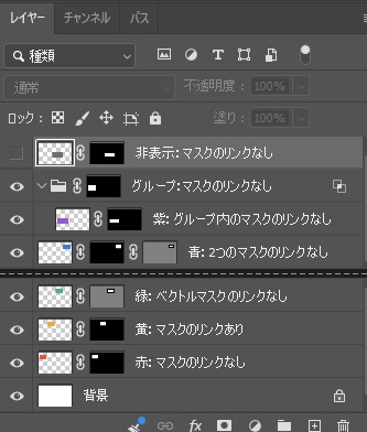 スクリプト実行後のPhotoshopのレイヤーパネル。非表示のレイヤー、グループ、グループの中のレイヤーを含め、すべてのマスクに鎖のアイコンが付いている