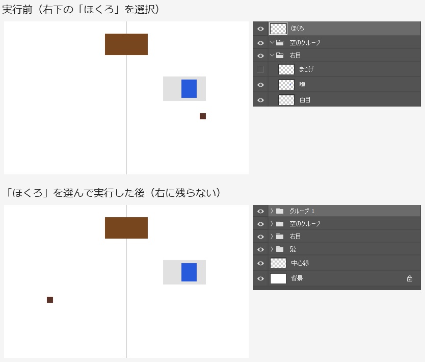 上は実行前で、右下の小さな茶色の四角 ほくろ が選ばれている。下は実行後で、右下の四角が無くなり、左下に同じ四角があり、パネルのいちばん上はグループ 1 になっている