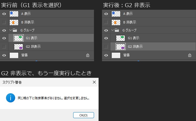グループの中のG1 表示を選んで実行するとG2 非表示が選ばれたレイヤーパネルと、もう一度実行したときの「同じ親の下に隣接要素がありません。選択を変更しません。」のスクリプト警告