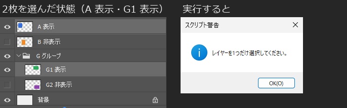 A 表示とG1 表示の2枚を選んだレイヤーパネルと、「レイヤーを1つだけ選択してください。」のスクリプト警告