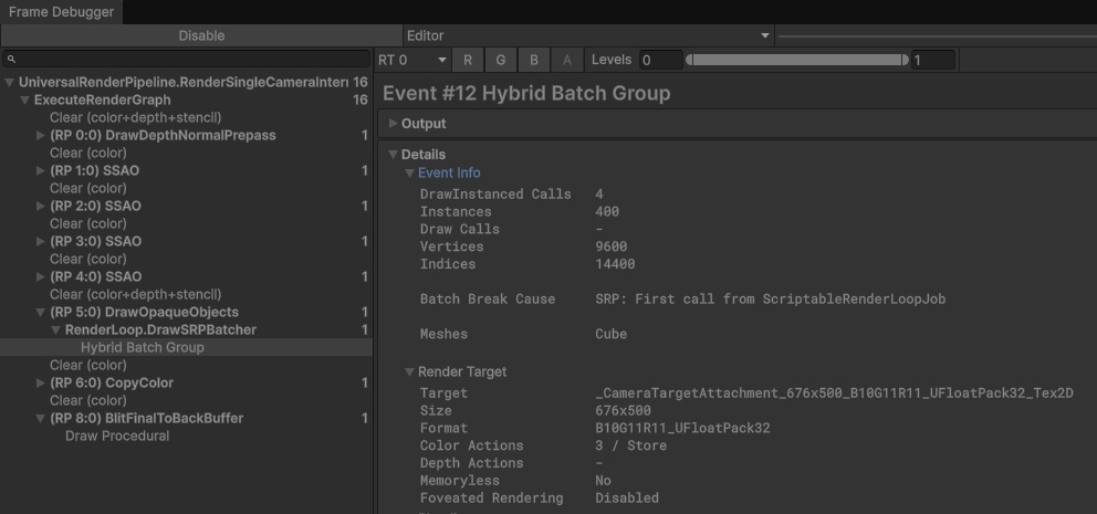 Frame DebuggerでDrawOpaqueObjectsの中のRenderLoop.DrawSRPBatcherを開き、Hybrid Batch Groupを選んだ画面。DrawInstanced Calls 4、Instances 400、Batch Break CauseはSRP: First call from ScriptableRenderLoopJob