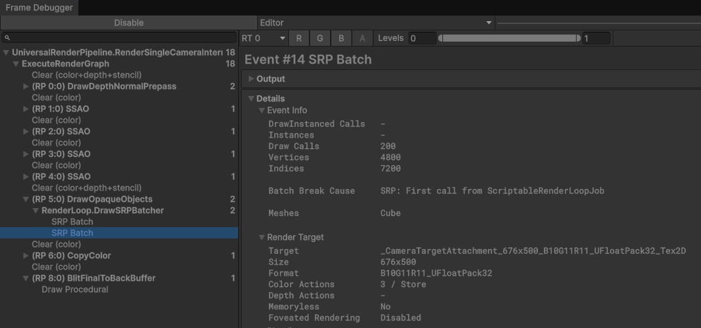 GPU Resident DrawerをDisabledにしたときのFrame Debugger。RenderLoop.DrawSRPBatcherの下にSRP Batchが2つ並び、選んだSRP BatchはDraw Calls 200、Batch Break CauseはSRP: First call from ScriptableRenderLoopJob