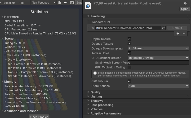 PC_RPAssetのInspector。RenderingにGPU Resident Drawer(Instanced Drawing)とSRP Batcher(オン)が並び、静的バッチは勧めないという注意が出ている。左は同じ状態で再生したStatisticsで、BRG/GRDが8 draw calls(800 instances)