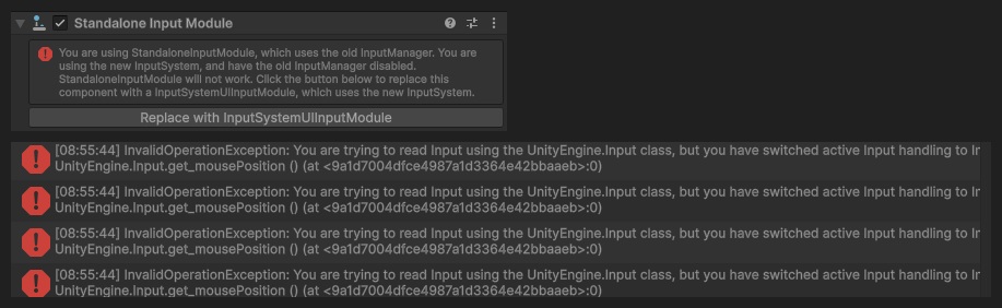 EventSystemに付けたStandalone Input ModuleのInspector。古いInputManagerを使うモジュールなので動かないという赤い警告と、Replace with InputSystemUIInputModuleのボタンが出ている。下のConsoleには再生中のInvalidOperationExceptionが並んでいる