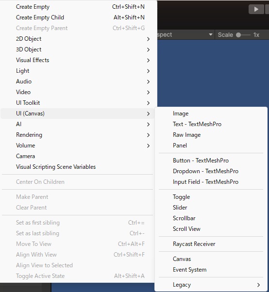 GameObjectメニューのUI (Canvas)を開いた画面。Image、Button - TextMeshPro、Toggle、Raycast Receiver、Canvas、Event System、Legacyなどが並んでいる