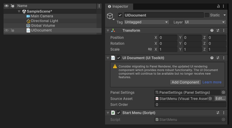HierarchyにUIDocumentのゲームオブジェクトがあり、InspectorにUI Document(Panel SettingsはPanelSettings、Source AssetはStartMenu、Sort Orderは0)とStart Menu(Script)が付いている