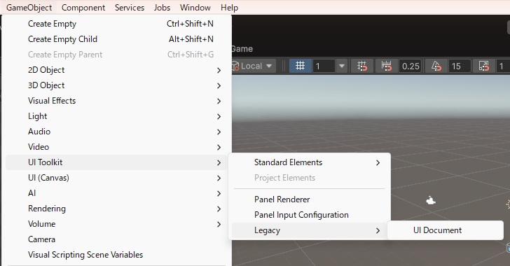 GameObjectメニューのUI Toolkitを開いた画面。Standard Elements、Panel Renderer、Panel Input Configuration、Legacyが並び、UI DocumentはLegacyの中にある