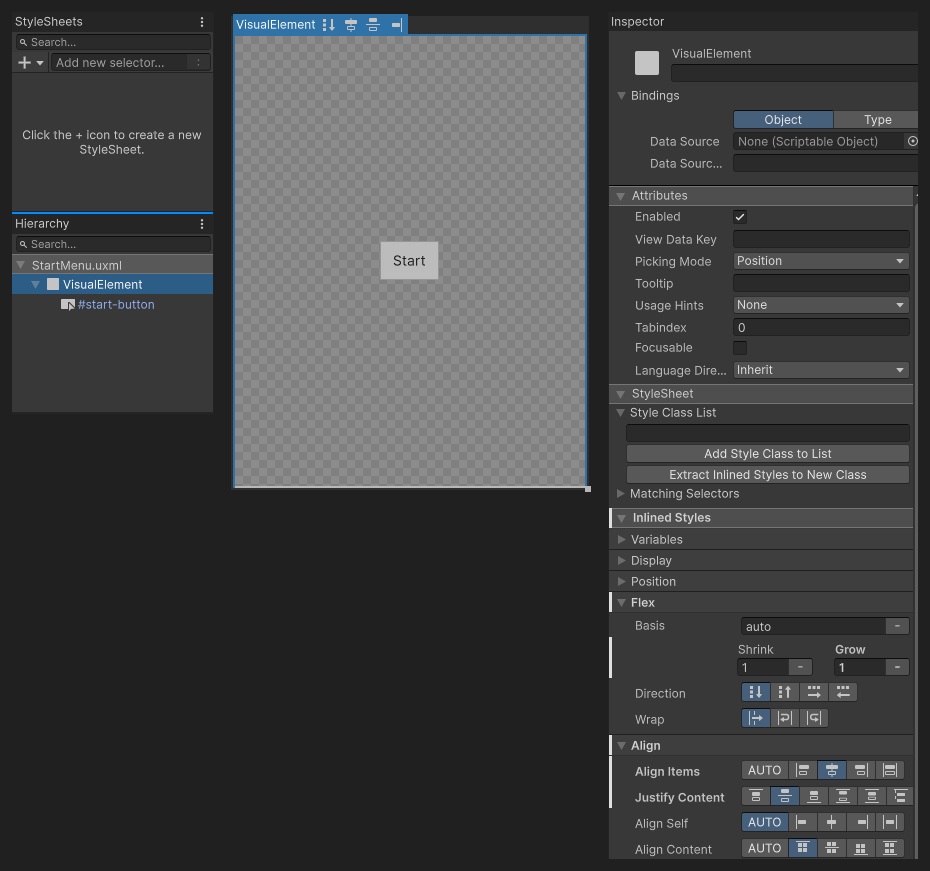 UI BuilderでVisualElementの中にstart-buttonという名前のボタンを置いた画面。右のInspectorでは、FlexのGrowが1、Align ItemsとJustify Contentが中央になっている